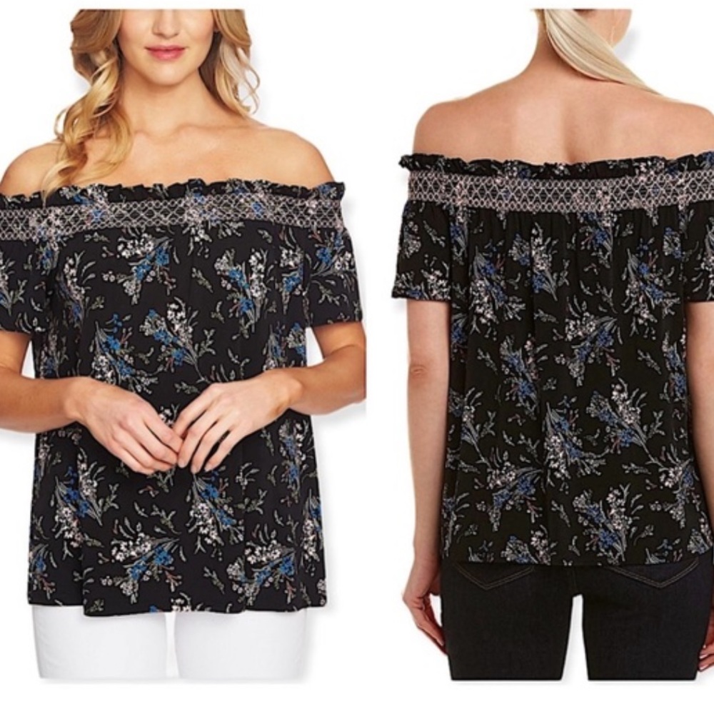 CeCe Womens Floral Off The Shoulder Black Blouse M